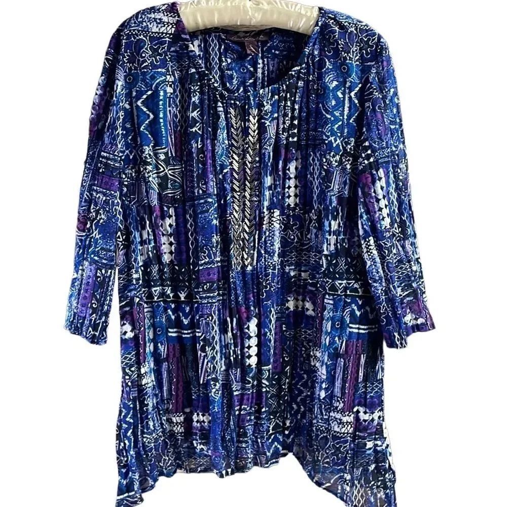 Gloria Vanderbilt Ladies Dress Top, Size Small, Blue,White,Purple Colors, Beaded